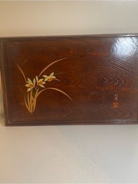 Vintage Japanese Wooden Serving Tray Signed Printed Florals 10”x16”